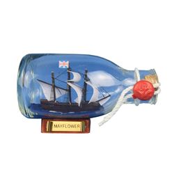 Nautical Mayflower Ship in a 5" Glass Bottle on Wooden