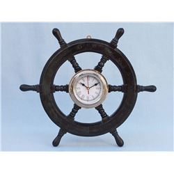 SHISHAM WOOD AND CHROME PIRATES 18" SHIP WHEEL CLOCK