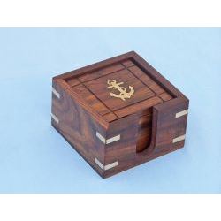 3" SET OF 6 WOODEN ANCHOR COASTERS W/ROSEWOOD HOLDER