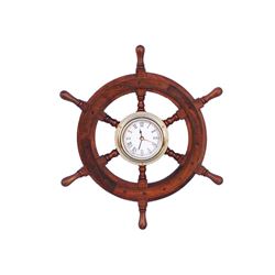 SHISHAM WOOD AND BRASS 12" NAUTICAL SHIP WHEEL CLOCK