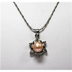 PEACH PEARL WITH CZ PENDANT SILVER NECKLACE .925 STERLI