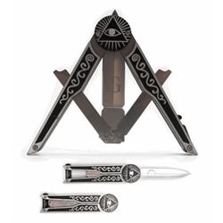 MASONIC COMPASS STYLE SILVER AND BLACK POCKET KNIFE