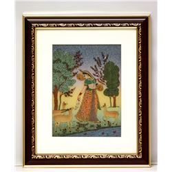 HAND MADE GEM STONE PANTING OF INDIAN LADY W/3 GAZELLES