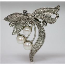 BOW STYLE WHITE PEARL CZ BROOCH .925 STERLING SILVER