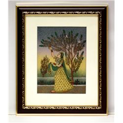 HAND MADE GEM STONE PANTING OF LADY PICKING FLOWERS