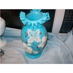 Vintage Victorian Blue Ruffled Glass Vase