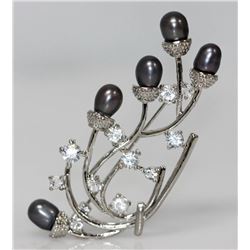 VINE STYLE BLACK PEARL CZ BROOCH .925 STERLING SILVER