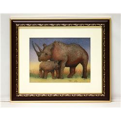 HAND MADE GEM STONE PANTING OF RHINOS