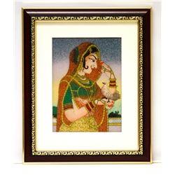 HAND MADE GEM STONE PANTING OF A INDIAN PRINCESS W/BIRD