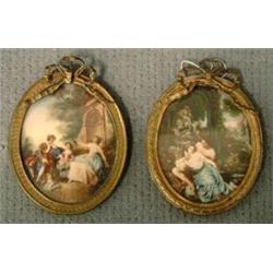 MISCELLANEOUS 2, MINIATYRMÅLNINGAR, OVALA RAMAR I LOUIS XVI-STIL, 1 MED ROKOKOMOTIV RESP. BAROCKM…