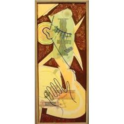 PAINTINGS & SCULPTURES, CARSTEN REGILD 1941-1992, COLLAGE, FIGUR BLAND MASKINER, 32X80, SIGN.…