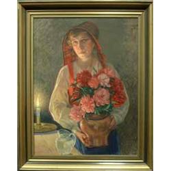 PAINTINGS & SCULPTURES, EMIL LINDGREN 1866-1940, OLJEMÅLNING, FOLKDRÄKTSKLÄDD KVINNA MED BLOMMOR …