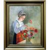 PAINTINGS & SCULPTURES, EMIL LINDGREN 1866-1940, OLJEMÅLNING, ALLMOGEKLÄDD KVINNA VID BLOMMOR, 90…