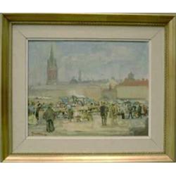 PAINTINGS & SCULPTURES, GUSTAF FOGELBERG 1901-1971, OLJEMÅLNING,  GRYNING PÅ VESTRA TORGET  32X40…