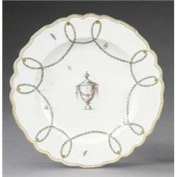 A Derby shaped circular plate, - A Derby shaped circular plate, the centre painted in grey monoc...