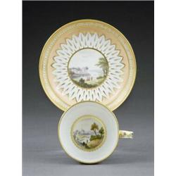 A Derby tea cup and saucer, - A Derby tea cup and saucer, pattern 118, painted, in the manner of...