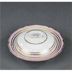 A Derby shaped circular muffin dish and cover, - A Derby shaped circular muffin dish and cover,...
