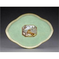 A Derby cabaret tray, - A Derby cabaret tray, of quatrefoil form, the apple green ground reserve...