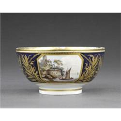 A Derby slop bowl, - A Derby slop bowl, pattern 653, the gros blue ground reserved with three ca...
