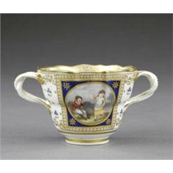 A Derby two-handled chocolate cup, - A Derby two-handled chocolate cup, pattern 216, of ogee for...