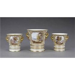 A good Derby 'named view' garniture of three bucket shaped cache pots, - A good Derby 'named vie...