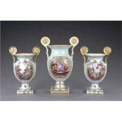 A Derby three-piece Paris shape bleu celeste garniture, - A Derby three-piece Paris shape bleu c...