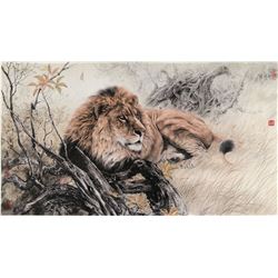 Chinese Lion Painting Signed Tang Ren