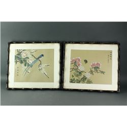 Pair Korean WC Bird&Flowers Silk Painting w/Frame
