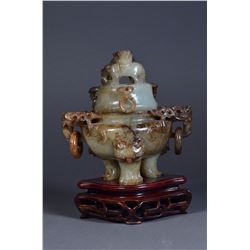 Chinese Qing Celadon Jade Tripod Censer & Cover