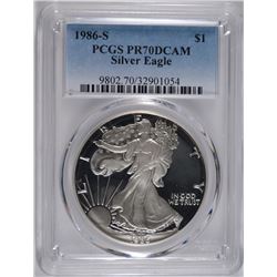1986-S PROOF AMERICAN SILVER EAGLE, PCGS PR-70 DCAM   RARE!