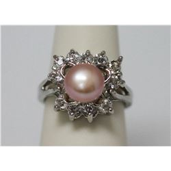 PEACH PEARL WITH CZ SILVER RING .925 sterling SILVER