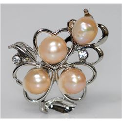 HEART SHAPE PEACH PEARL CZ BROOCH .925 STERLING SILVER