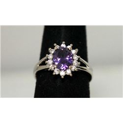 CLEAR & PURPLE CZ SILVER RING