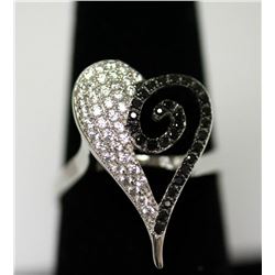 .925 STERLING SILVER HEART RING W/ CLEAR CZ AND BLACK C