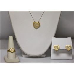 14K GOLD POLISH ON .925 STERLING SILVER HEART SET W/WHI