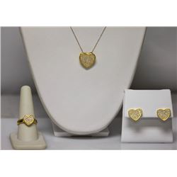 14K GOLD POLISH ON .925 STERLING SILVER HEART SET W/WHI