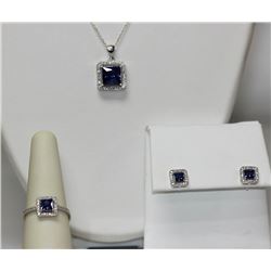 .925 STERLING SILVER SQUARE  SET W/PURPLE AND CLEAR CZ