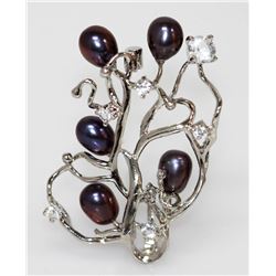 REFINED BLACK PEARL CZ BROOCH.925 STERLING SILVER