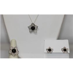 .925 STERLING SILVER FLOWER SET W/ BLACK AND CLEAR CZ