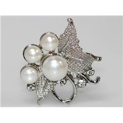 LUXURIOUS WHITE PEARL CZ BROOCH .925 STERLING SILVER