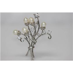 WHITE PEARL ACORN STYLE CZ BROOCH .925 STERLING SILVER