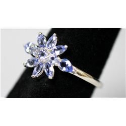 .925 STERLING SILVER 0.89 CTW TANZANITE RING FLOWER DES