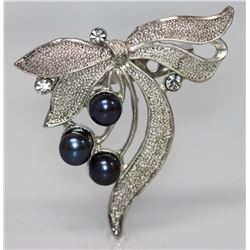 RARE BLACK PEARL CZ BROOCH .925 STERLING SILVER