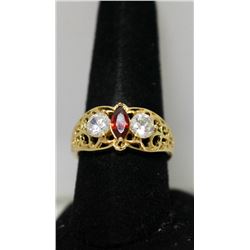 14K GOLD PLATED RING W/ RED & CLEAR CZ