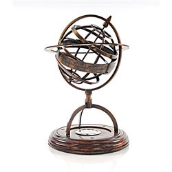 BRASS ARMILLARY W/COMPASS ON WOODEN BASE