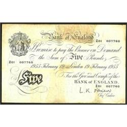 L K O'Brien white £5 B275 prefix dated 19-2-1955...