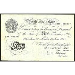 L K O'Brien white £5 B275 prefix Z97 13-6-1955, three folds, VF. (1)  £50...