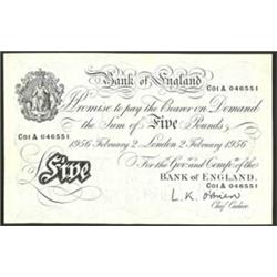 L K O'Brien white £5 B276 prefix C01A dated 2-2-1956, good VF. (1)  £60...