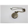 Image 2 : BRONZE TONE TRAIN MOTIF POCKET WATCH WITH CHAIN - NEW, WORKS