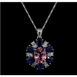 14KT White Gold 2.65ct Tourmaline, Sapphire and Diamond Pendant With Chain